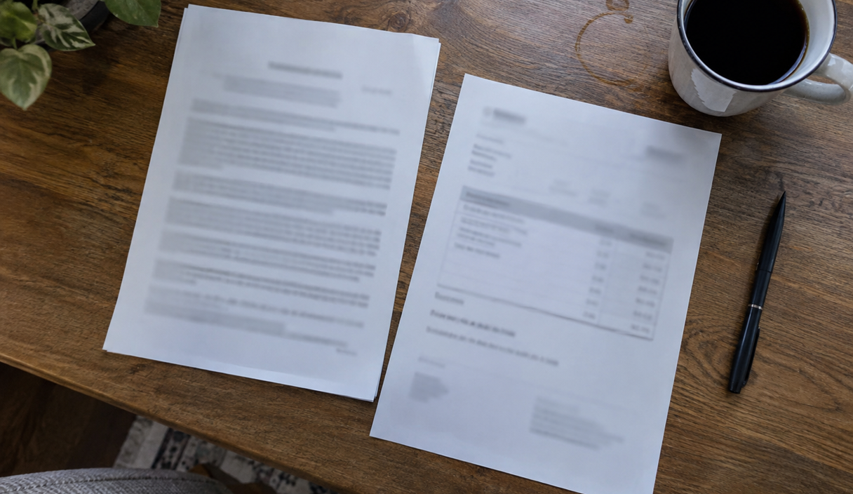 Un contrat non signé et une demande de paiement posés côte à côte sur une table, à côté d'un stylo et d'une tasse de café