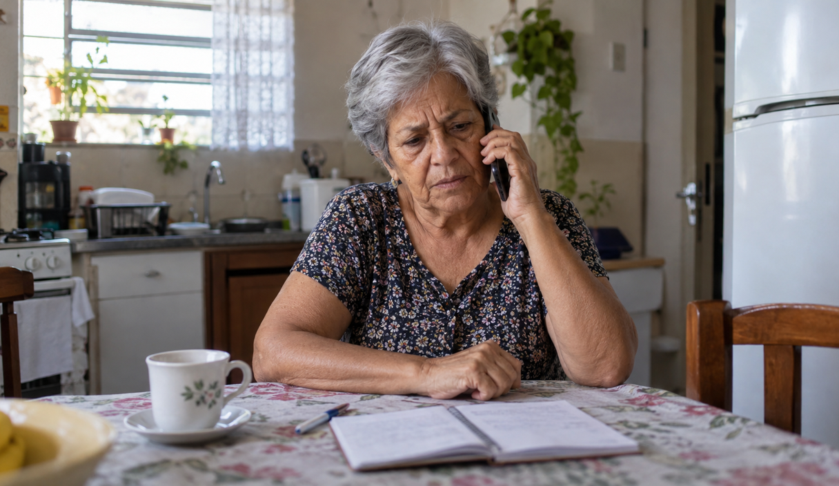 Vista de cima de uma mesa com celular, cartão, envelope, caixa de entrega e chaves Aposentada recebe ligação da Aposentada recebe ligação da