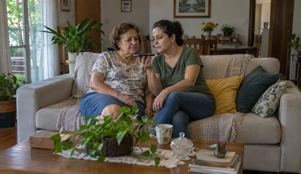 Senhora e a filha sentadas lado a lado no sofá da sala, atentas, com a filha segurando o celular no viva-voz entre as duas