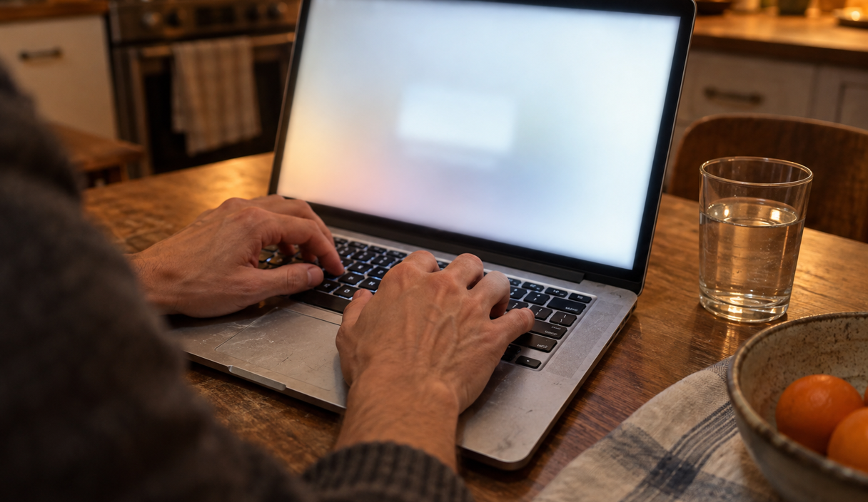 Hands typing a new password on a laptop at a kitchen table, screen out of focus