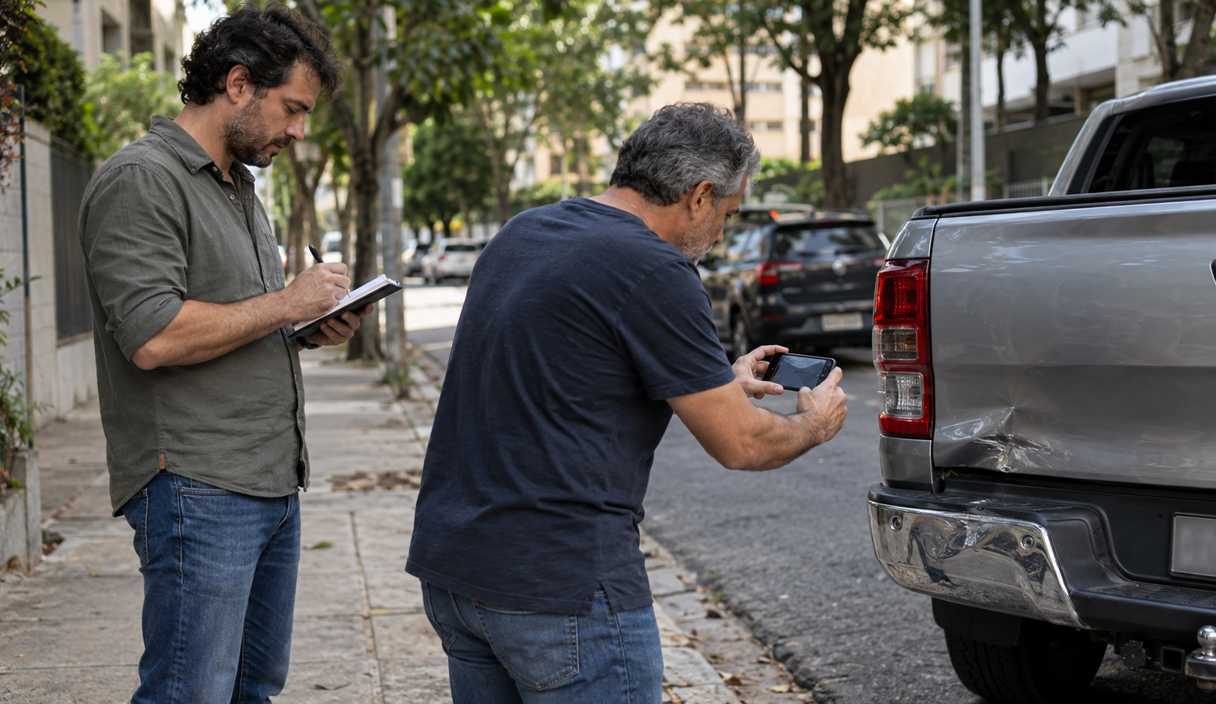 Dois homens na calçada trocam dados depois de uma batida, um anotando num caderninho e o outro fotografando o para-choque traseiro amassado da picape com o celular