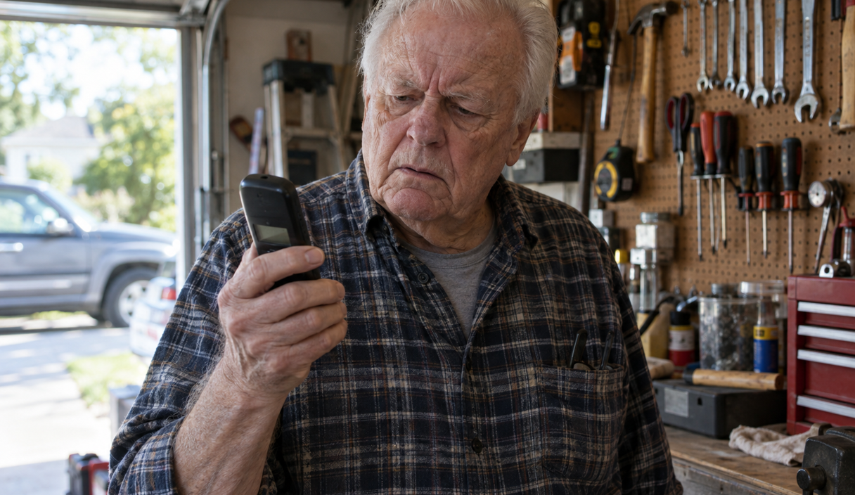 An older man in a garage frowning at the display of a cordless house phone