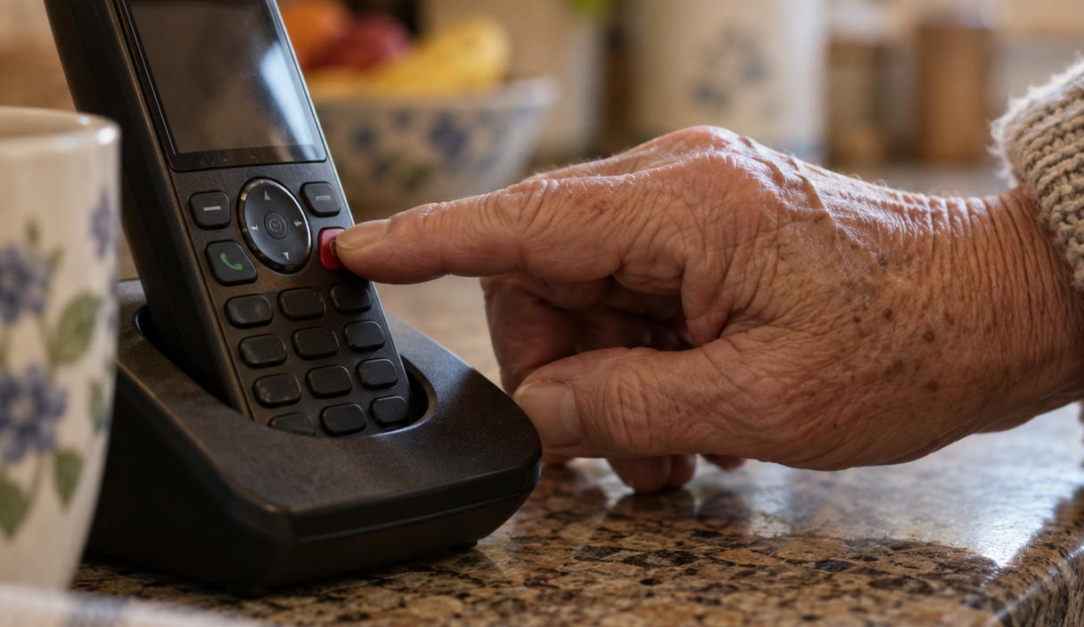 Close-up of an older hand pressing the end-call button on a cordless phone handset resting on a kitchen counter, in warm light.