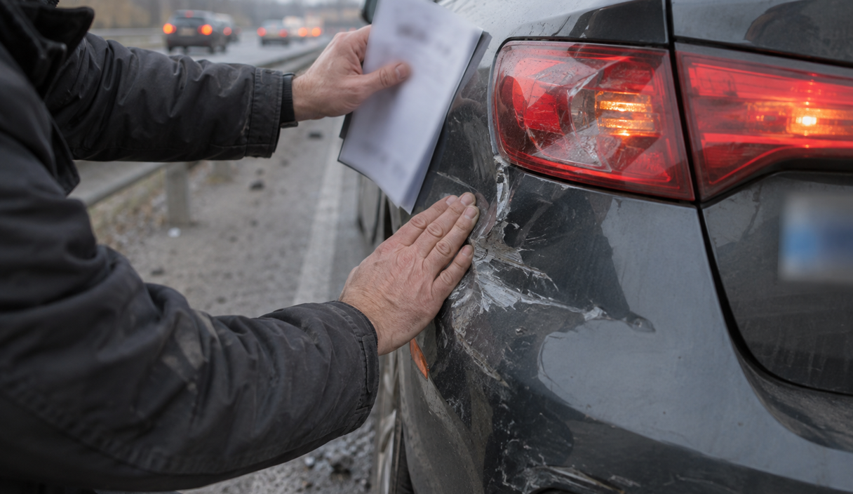 A man's hands at the dented panel of a car pulled onto the highway shoulder