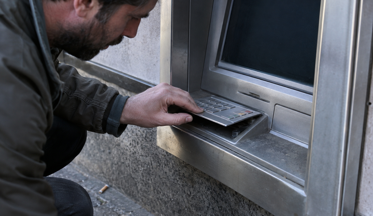 Un uomo accovacciato davanti a uno sportello automatico all'aperto preme il bordo della tastiera per controllare che sia ben fissa