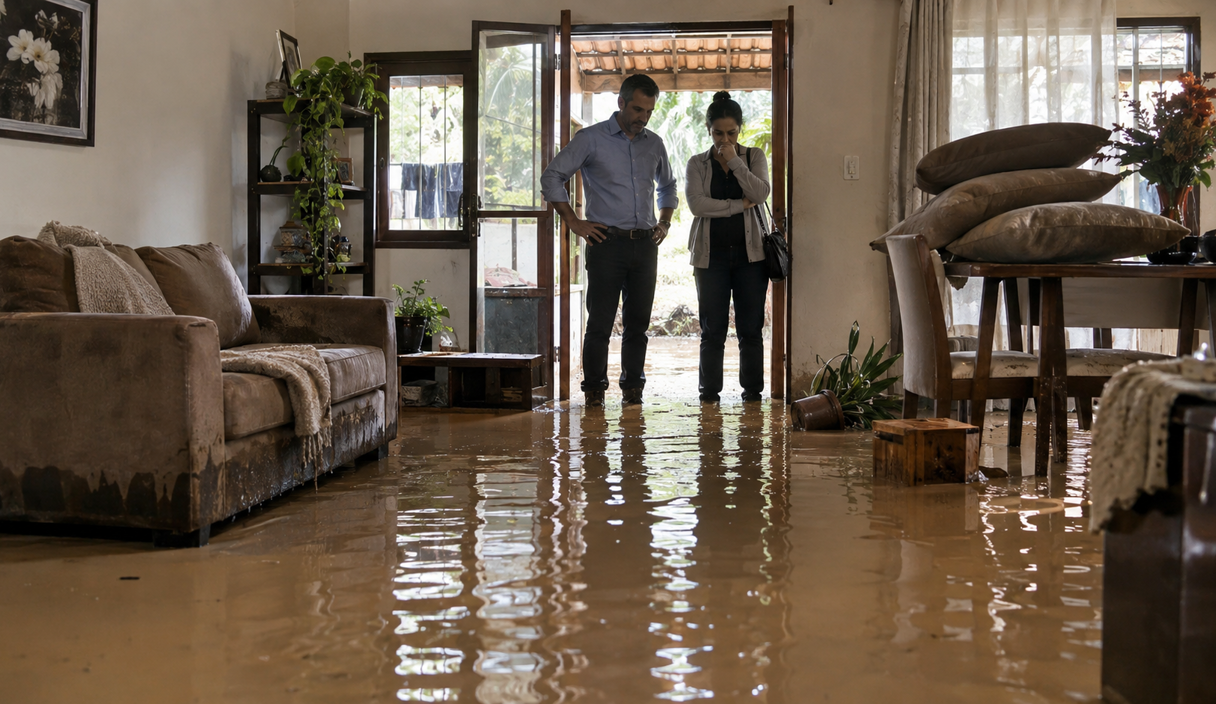 Vista de cima de uma mesa com celular, cartão, envelope, caixa de entrega e chaves Aposentada recebe ligação da Família volta do trabalho, encontra a casa alagada depois de uma chuva de uma noite e descobre que alagamento é uma cobertura vendida à parte no seguro residencial