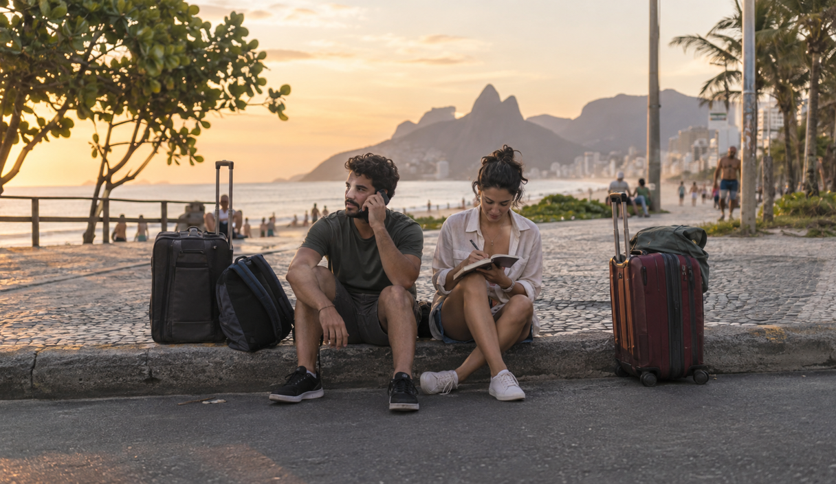 Casal sentado no meio-fio de uma rua de praia ao lado das malas, ele falando ao celular e ela anotando num caderno, no fim da tarde