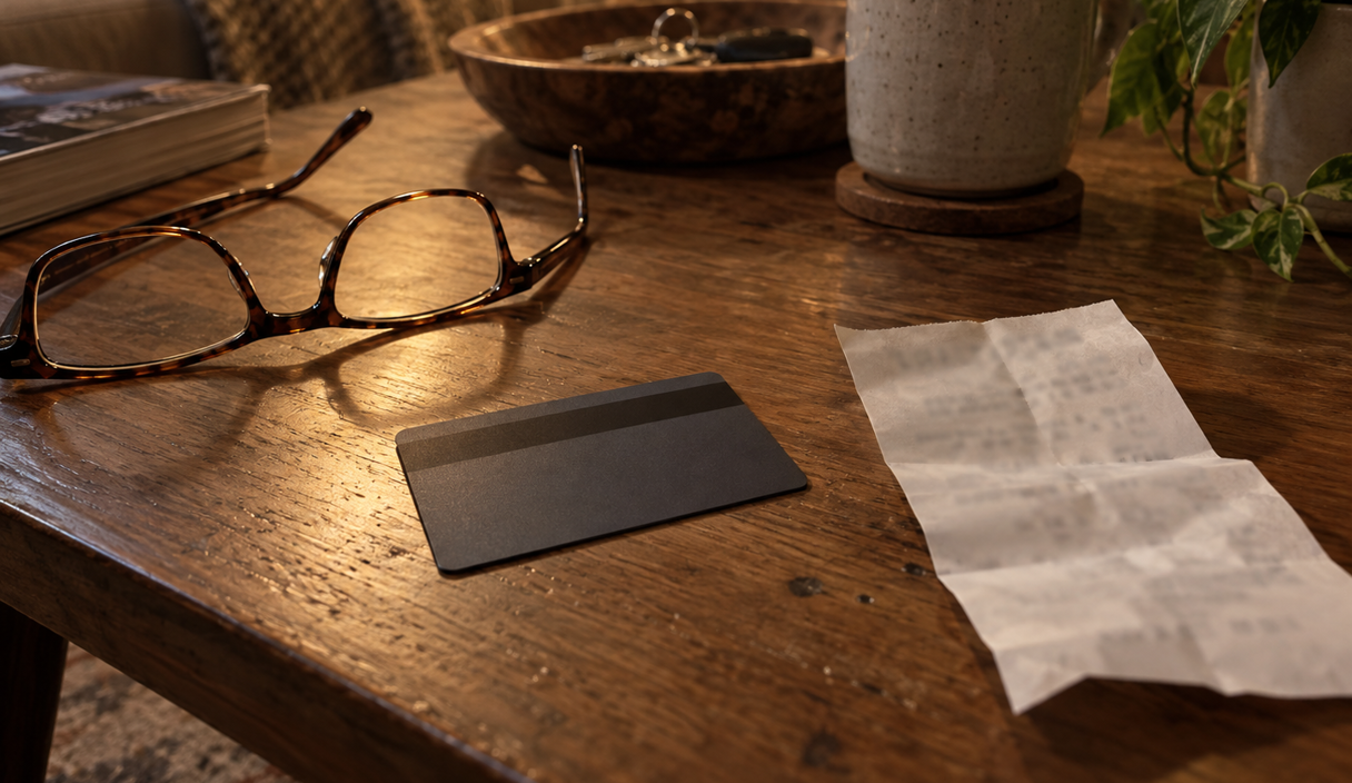 A debit card face down beside a folded receipt and reading glasses on a table