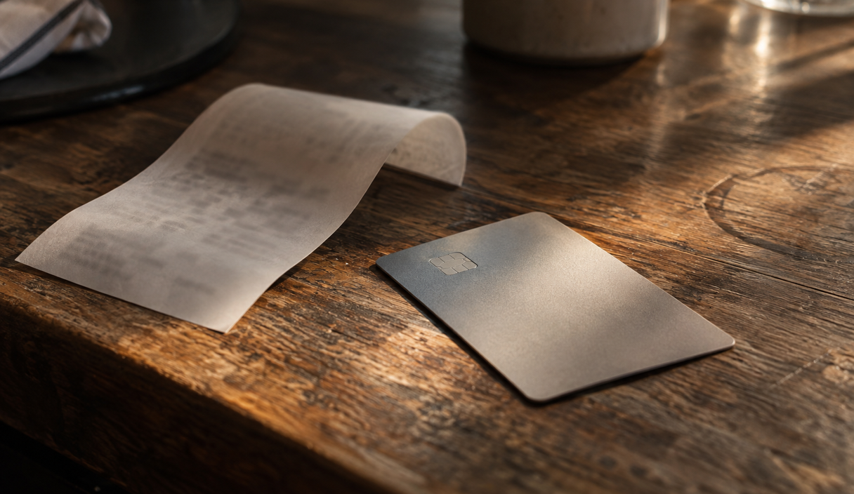 Uno scontrino arrotolato e una carta di pagamento senza scritte su un tavolo di legno scuro illuminato dal sole