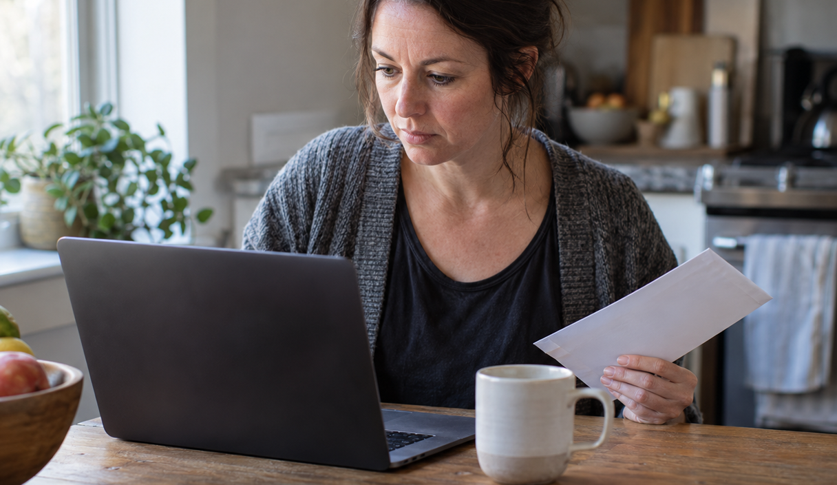 A woman holding a donation envelope while checking something on a laptop at her kitchen table