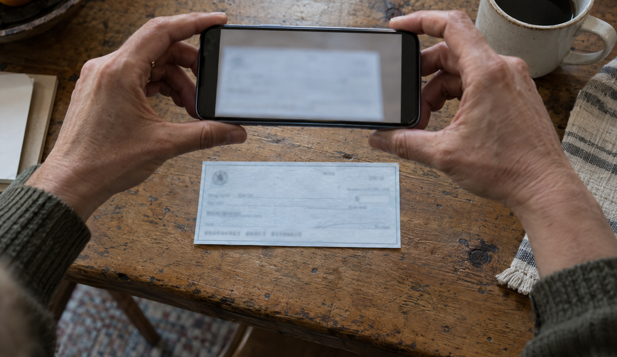 Hands holding a phone above a paper check on a table to photograph it