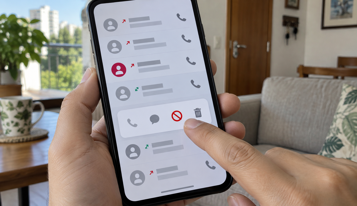 Pessoa toca no ícone de bloqueio ao lado de uma chamada no histórico do celular