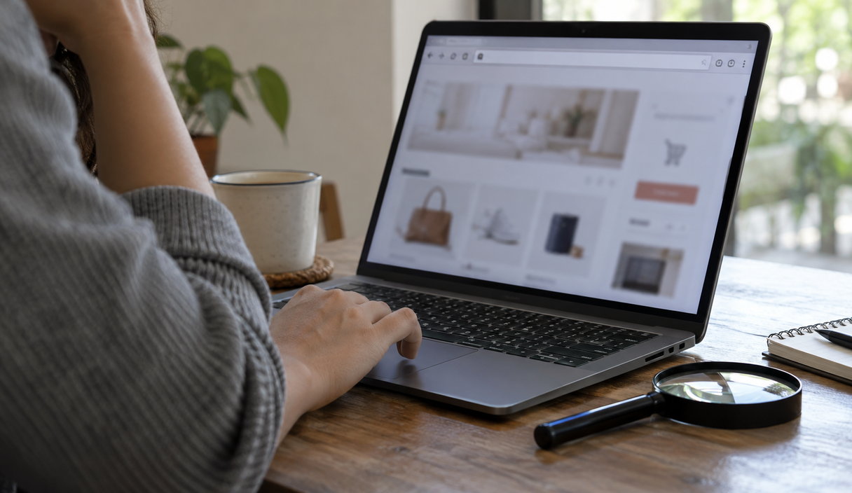 Pessoa confere o endereço de um site antes de continuar a compra