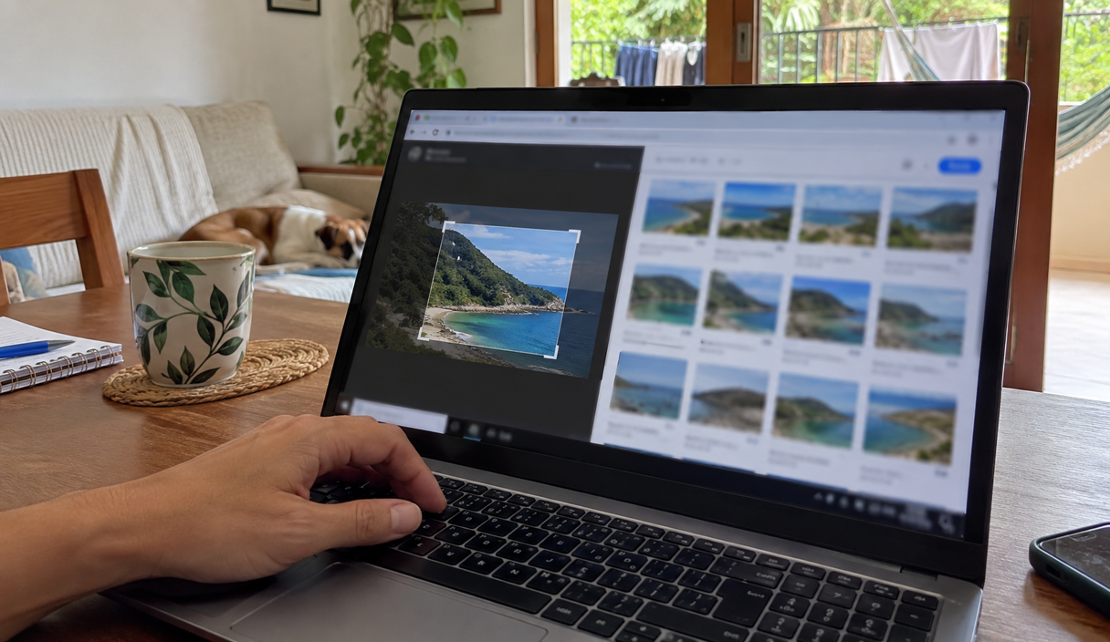 Notebook mostra a foto de uma praia selecionada ao lado de vários resultados com imagens parecidas