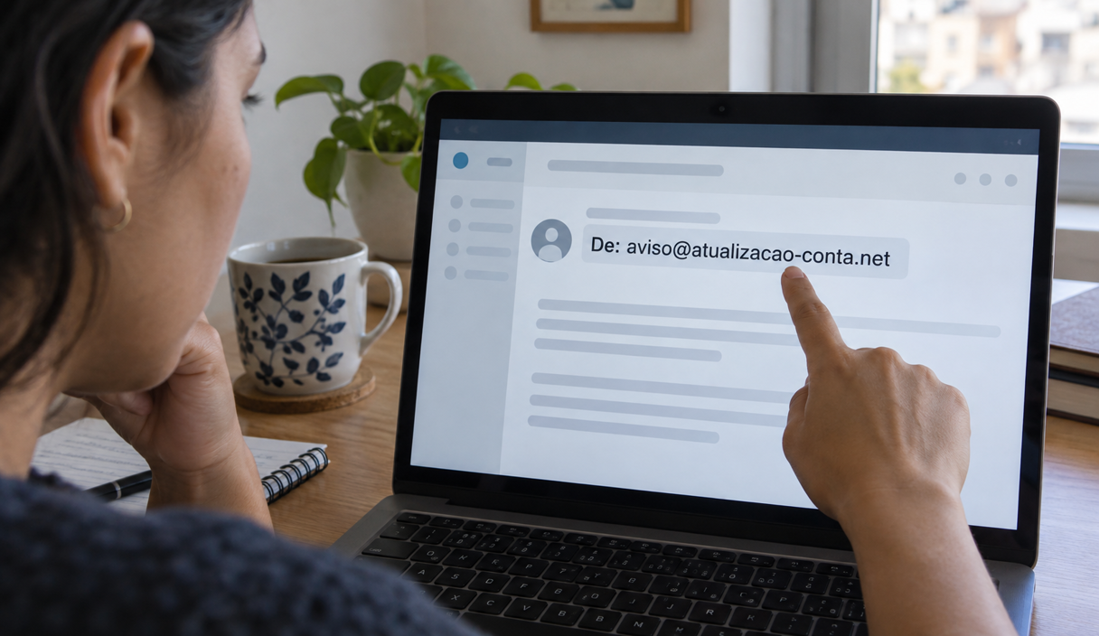 Pessoa observa o endereço do remetente em um e-mail
