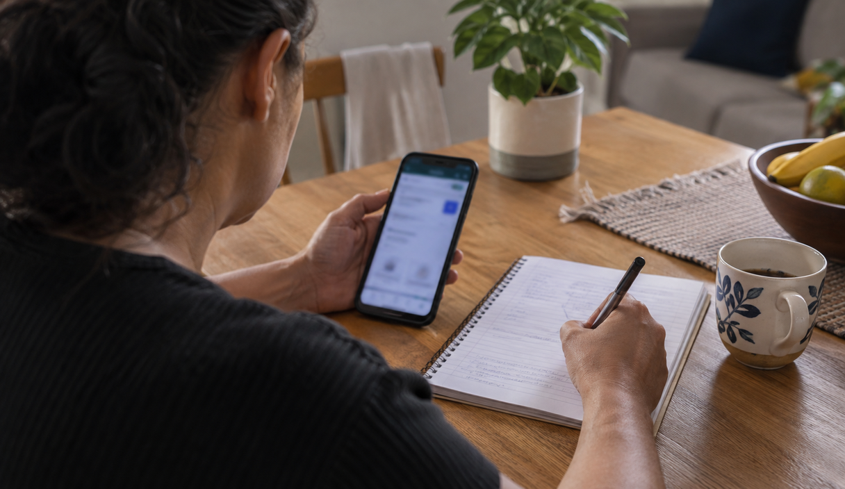 A person comparing information in a financial app against their own notes before sending money