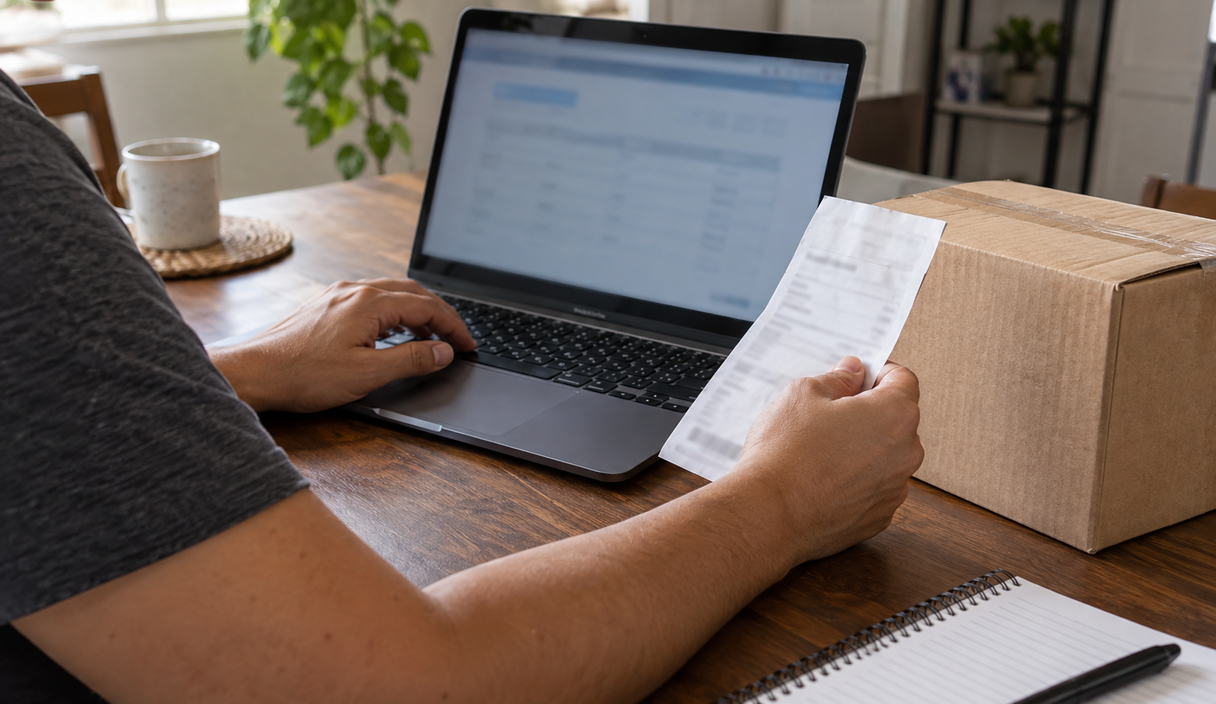 Une personne compare l'immatriculation d'une entreprise, le produit vendu et les informations de paiement