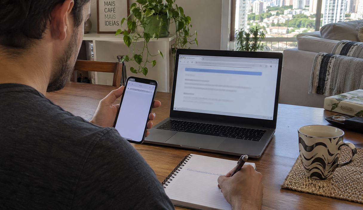Homem segura o celular com um endereço na tela e anota o link num caderno, com o notebook aberto ao lado