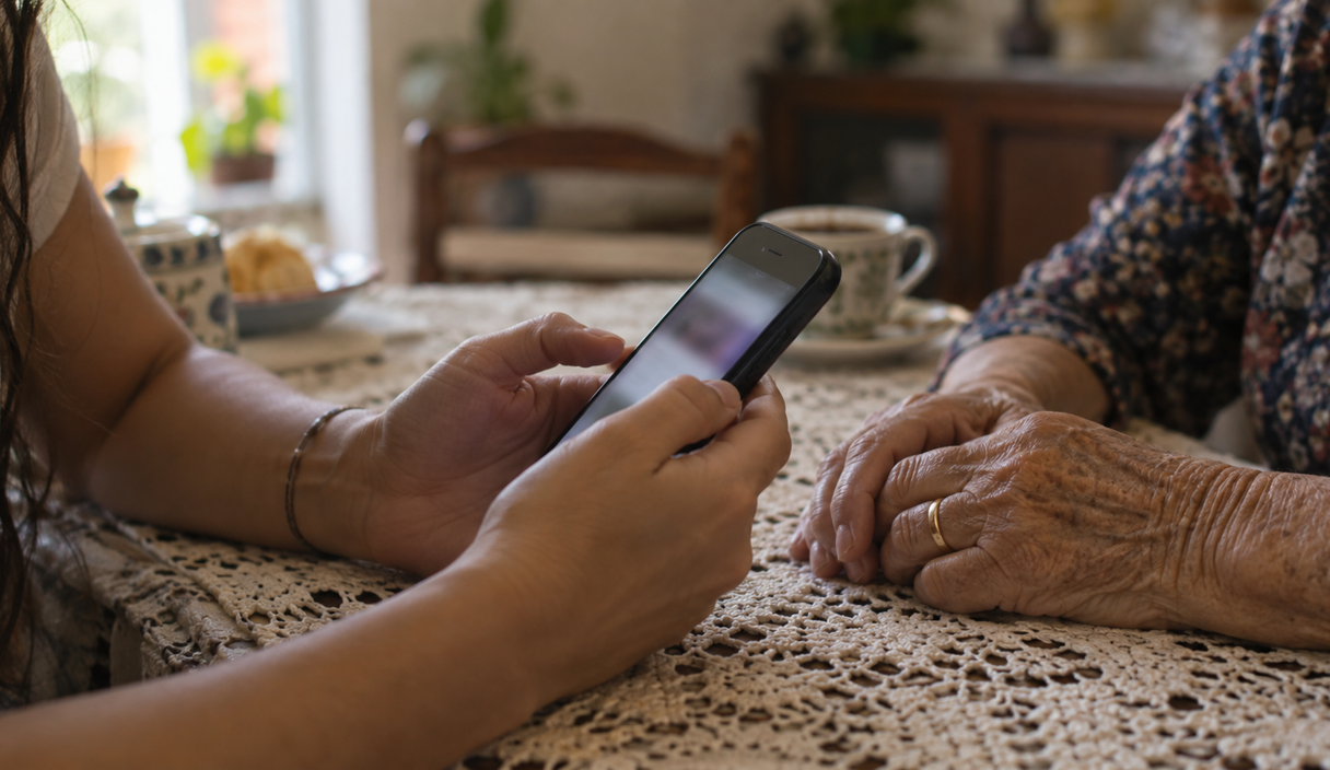 Mãos de uma jovem segurando o celular ao lado das mãos de uma senhora sobre uma toalha de crochê, com uma xícara de café ao fundo