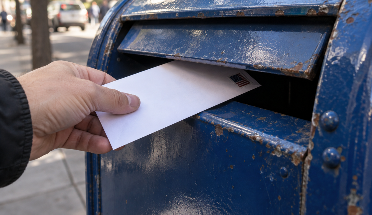 A hand dropping a stamped envelope into a blue street mailbox