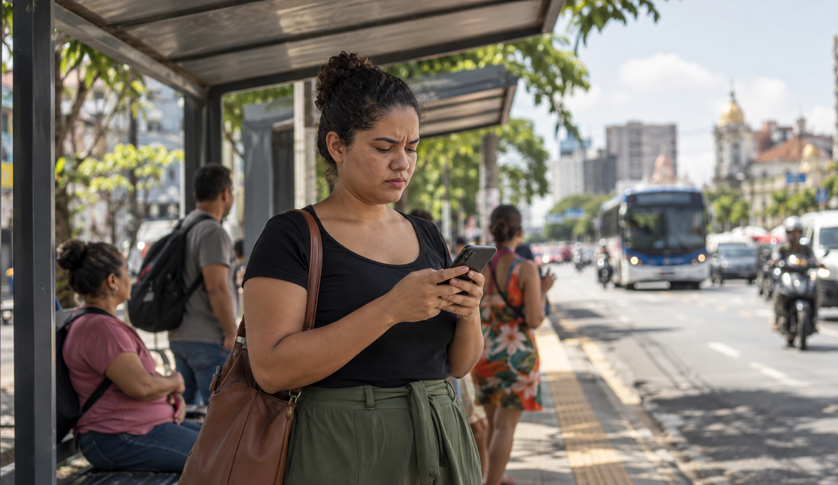 Mulher jovem num ponto de ônibus sob o sol, segurando o celular com a tela virada para ela e as sobrancelhas levemente franzidas, com a rua movimentada ao fundo