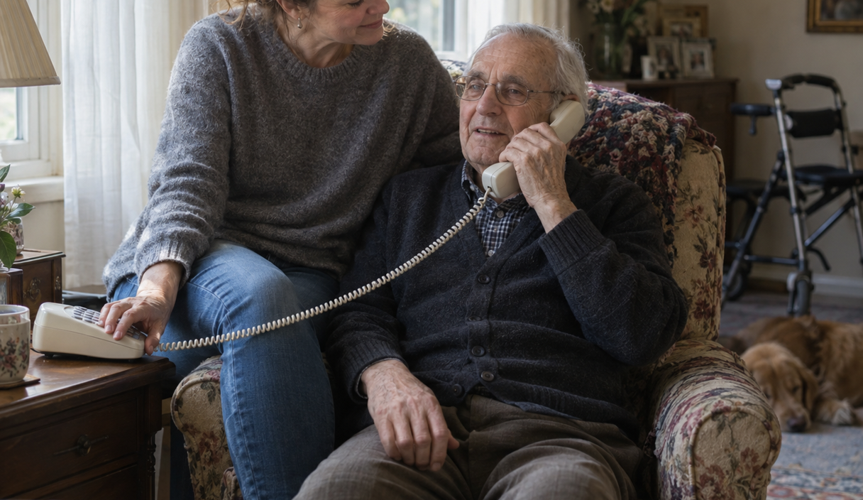 Ein älterer Mann telefoniert in seinem Sessel am Festnetztelefon, seine Tochter sitzt neben ihm auf der Lehne und hält den Apparat