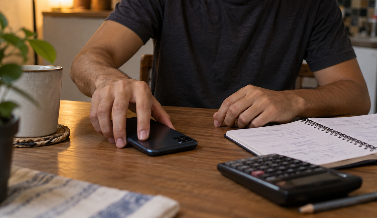 Mãos de um rapaz colocam o celular virado para baixo sobre uma mesa simples, ao lado de um caderno com contas escritas à mão e de uma calculadora