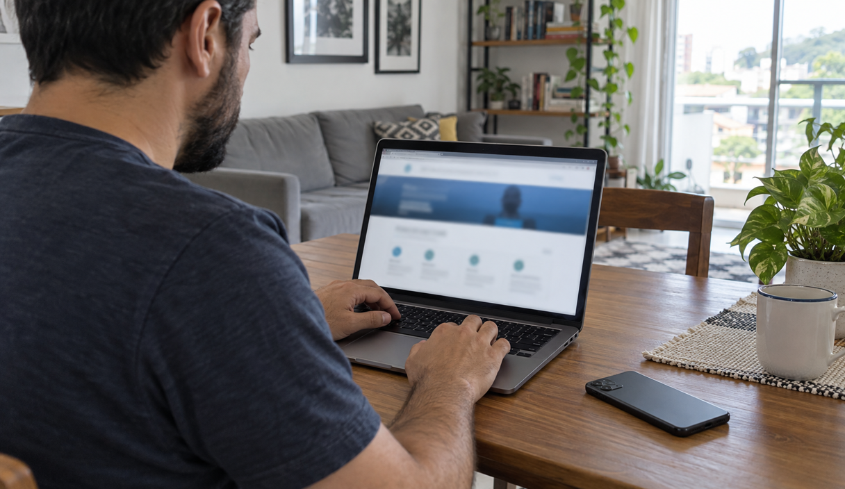 Homem em casa acessa um site pelo notebook, com o celular deixado de lado sobre a mesa