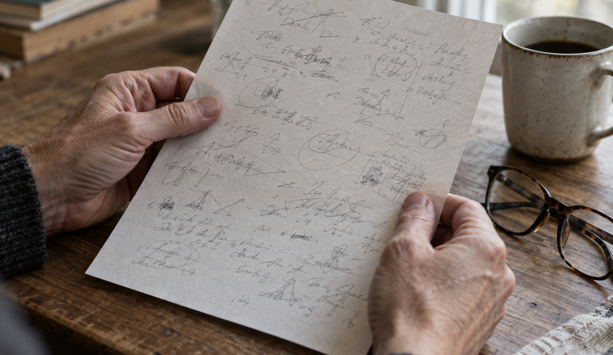 Close shot of hands holding a printed page with blurred handwritten notes, beside a pair of reading glasses and a coffee mug on a wooden table.