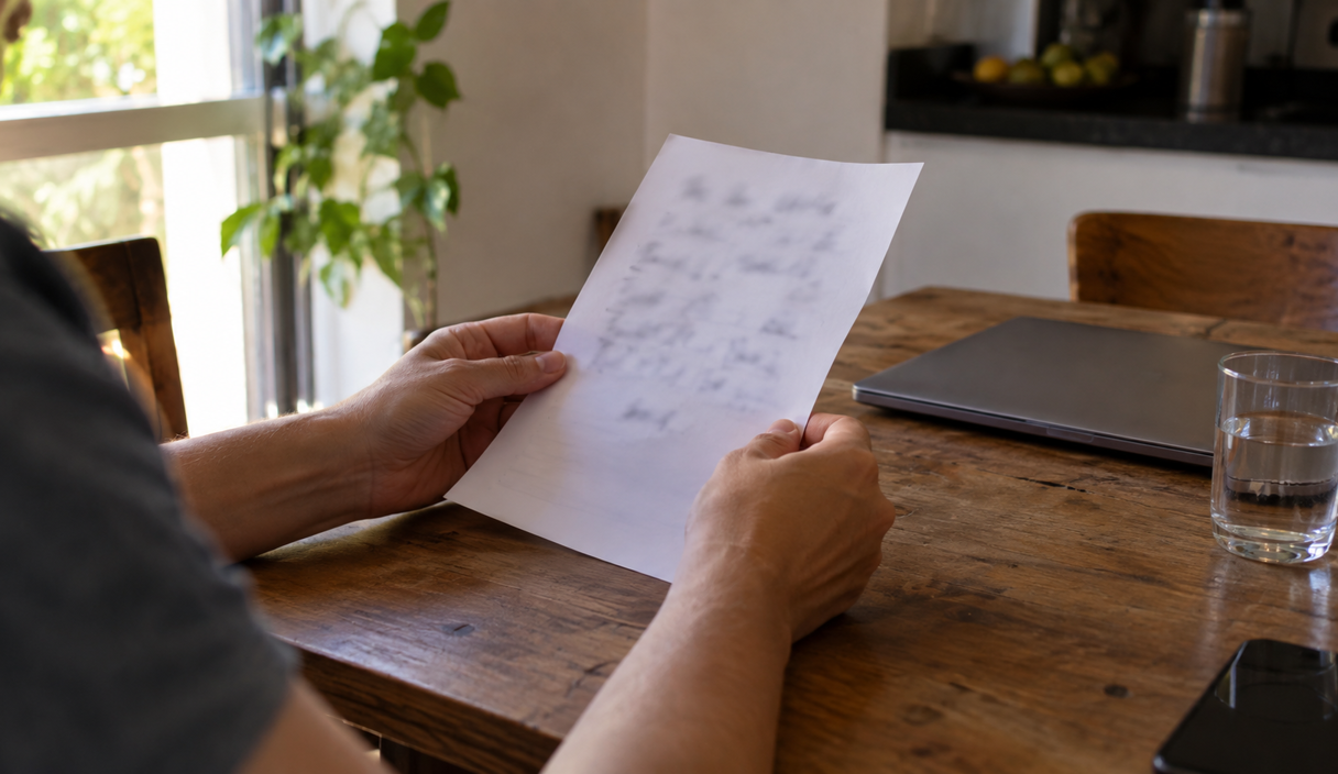 Mãos segurando um papel com códigos anotados à mão, ao lado de um notebook fechado e de um copo de água sobre a mesa