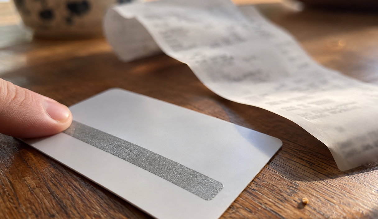 Une carte blanche posée face cachée sur une table en bois, à côté de son ticket de caisse, la bande à gratter intacte