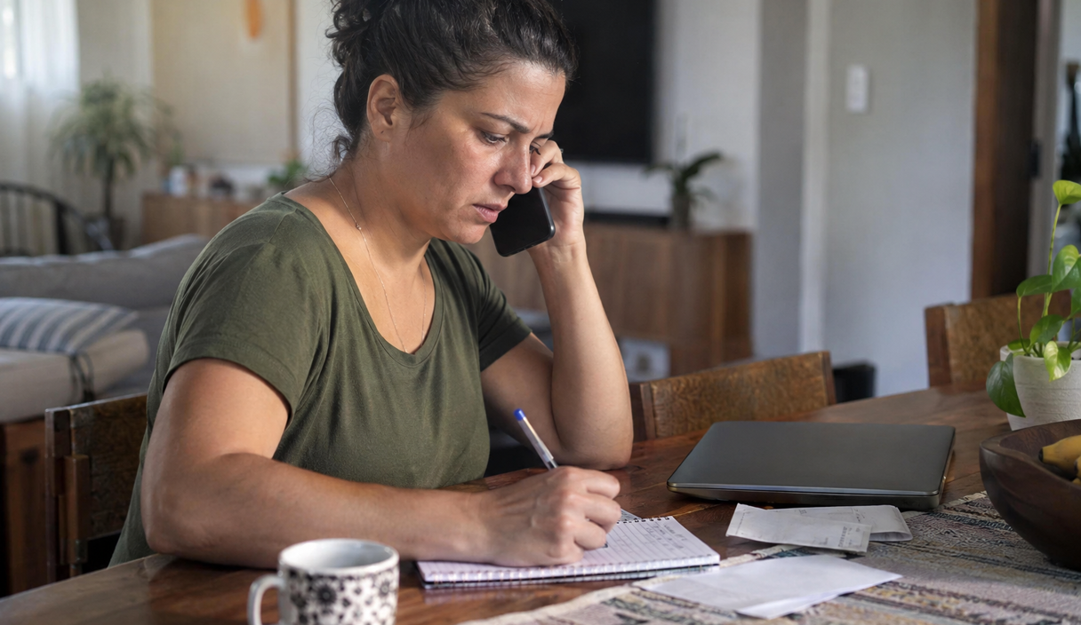 Une personne au téléphone avec sa banque note la référence du dossier après avoir compris qu'un virement était frauduleux