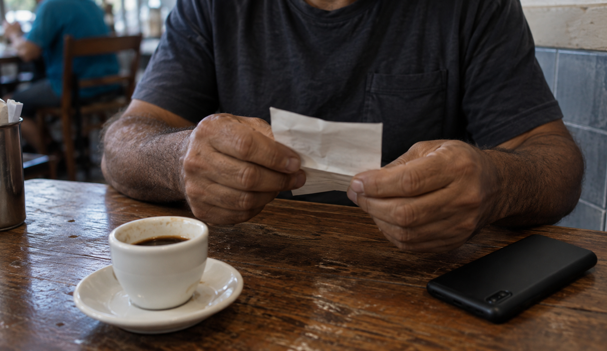 Mãos sobre uma mesa de bar segurando uma nota fiscal dobrada e ilegível, ao lado de um copo de café e de um celular virado para baixo