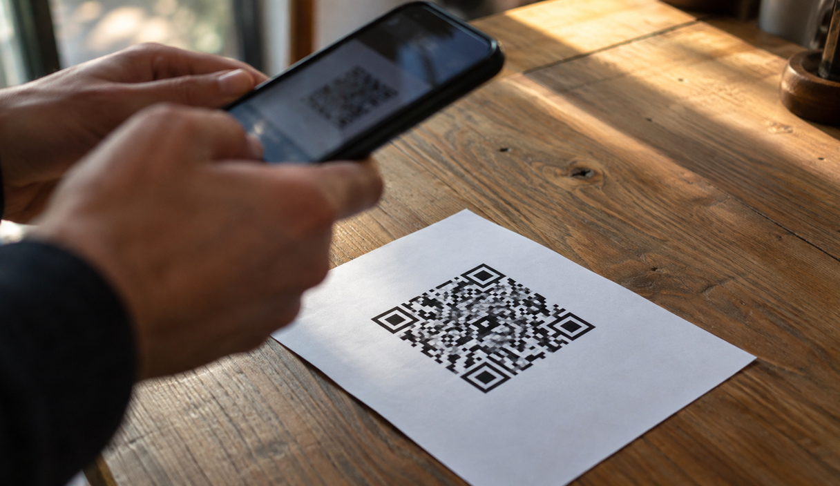 Pessoa aponta a câmera do celular para um código QR impresso em papel