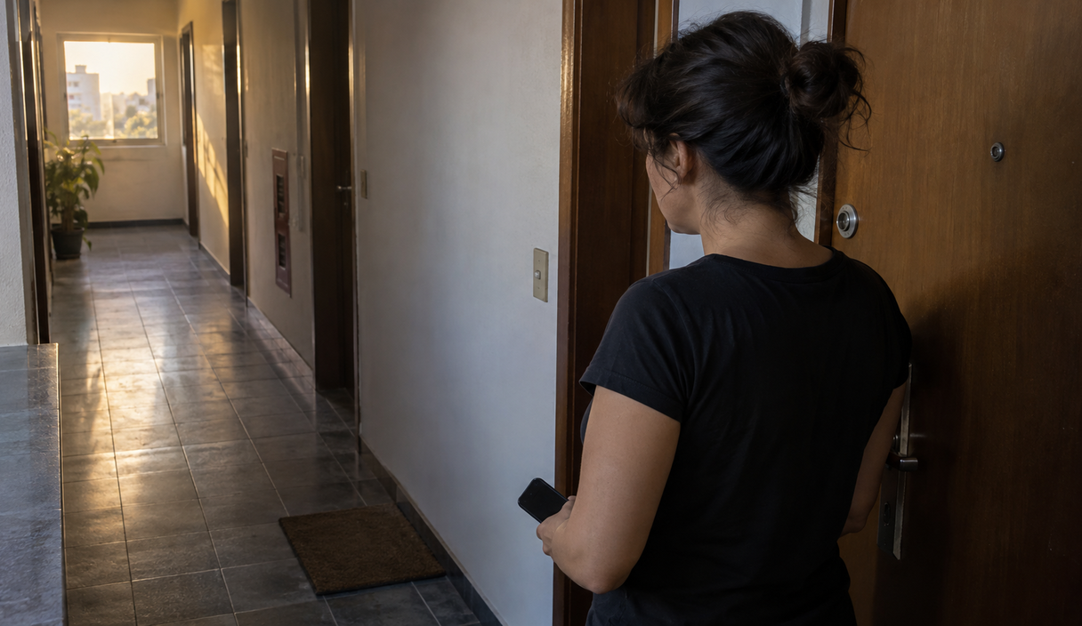 Mulher na porta aberta de um apartamento olha para o capacho vazio no corredor, com o celular na mão