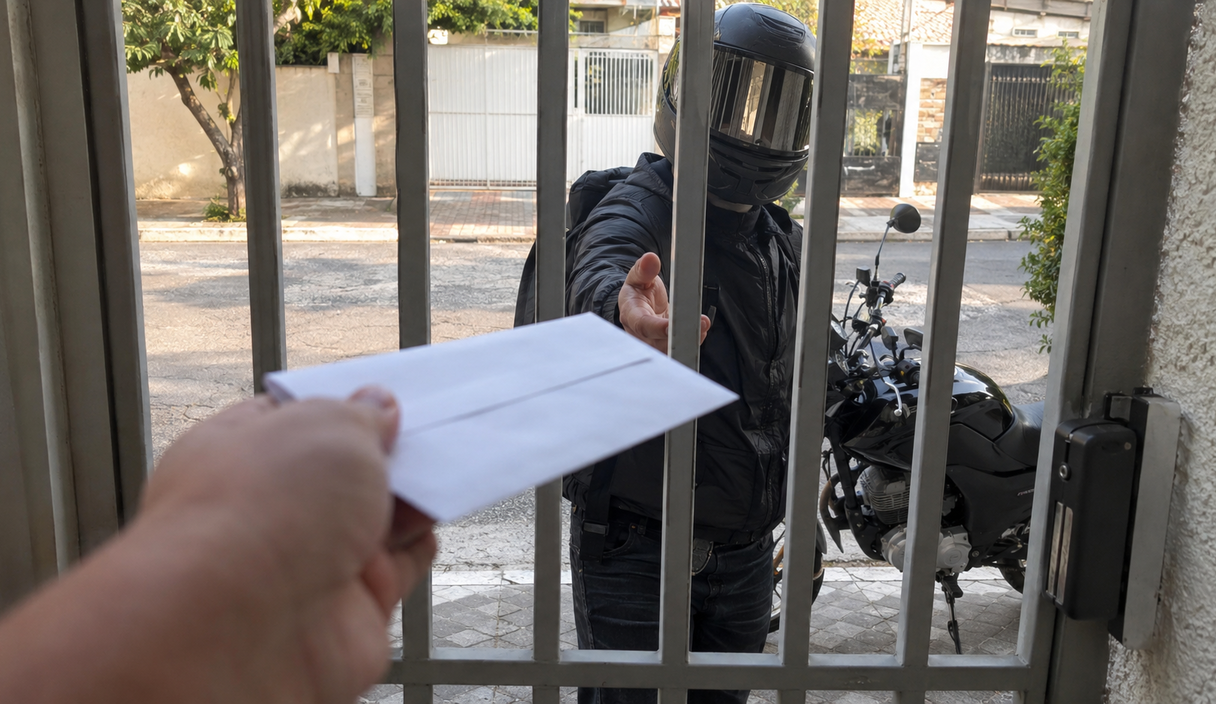 Entregador de moto, de capacete fechado, estende a mão pelo portão de uma casa para pegar um envelope
