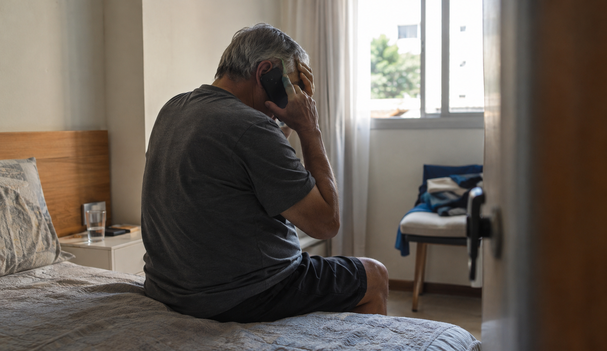 Homem sentado na beira da cama fala ao celular com a mão na testa