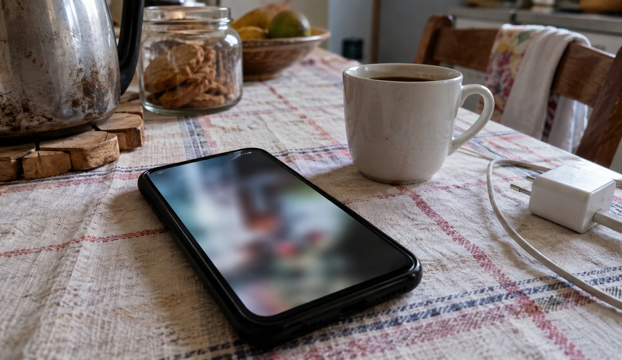 Celular com a tela acesa sobre a mesa da cozinha, sem ninguém mexendo nele