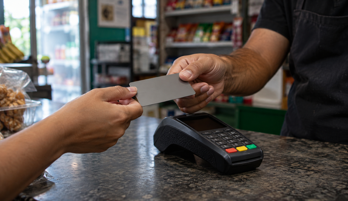 No balcão de uma loja, a mão do vendedor devolve um cartão para a cliente ao lado da maquininha