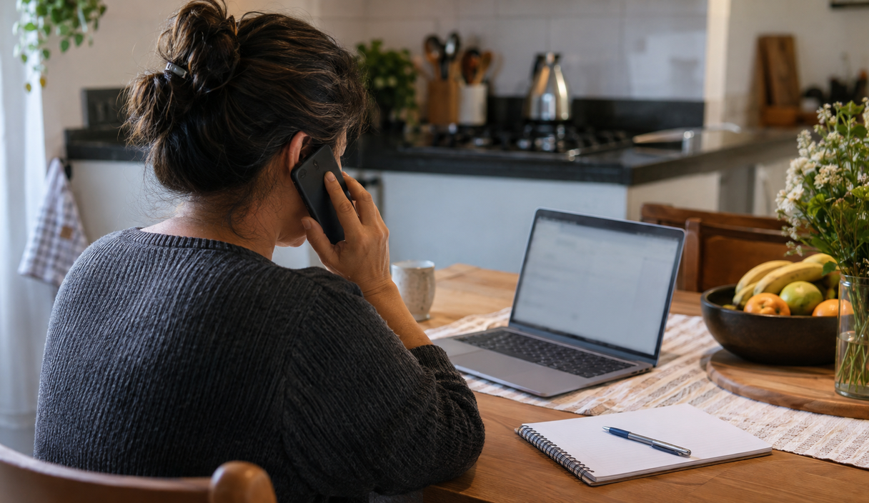 Mulher fala ao celular na mesa da cozinha enquanto olha para o notebook