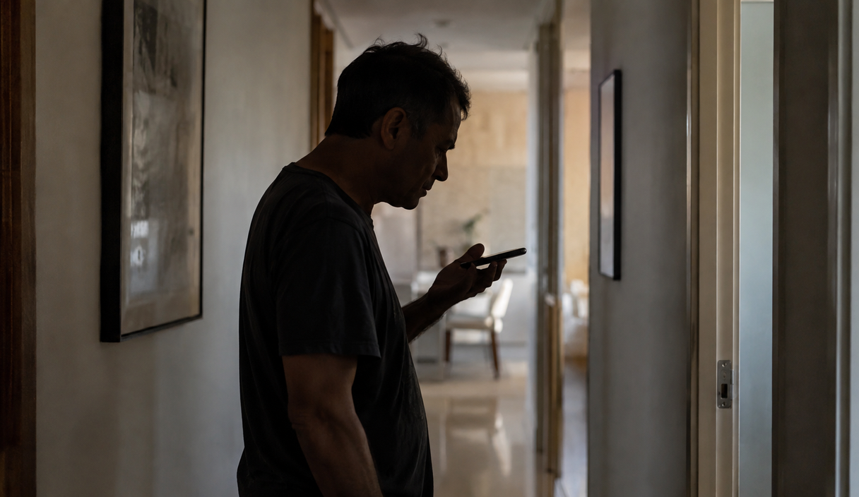 Homem escuta uma ligação no viva-voz do celular no corredor de casa