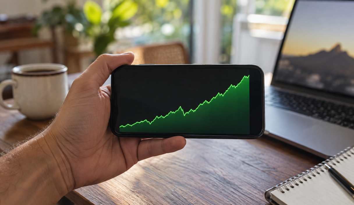 Mão segura um celular que mostra um gráfico verde subindo