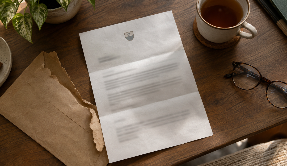 Carta com aparência oficial recém-aberta sobre a mesa, com o envelope rasgado ao lado