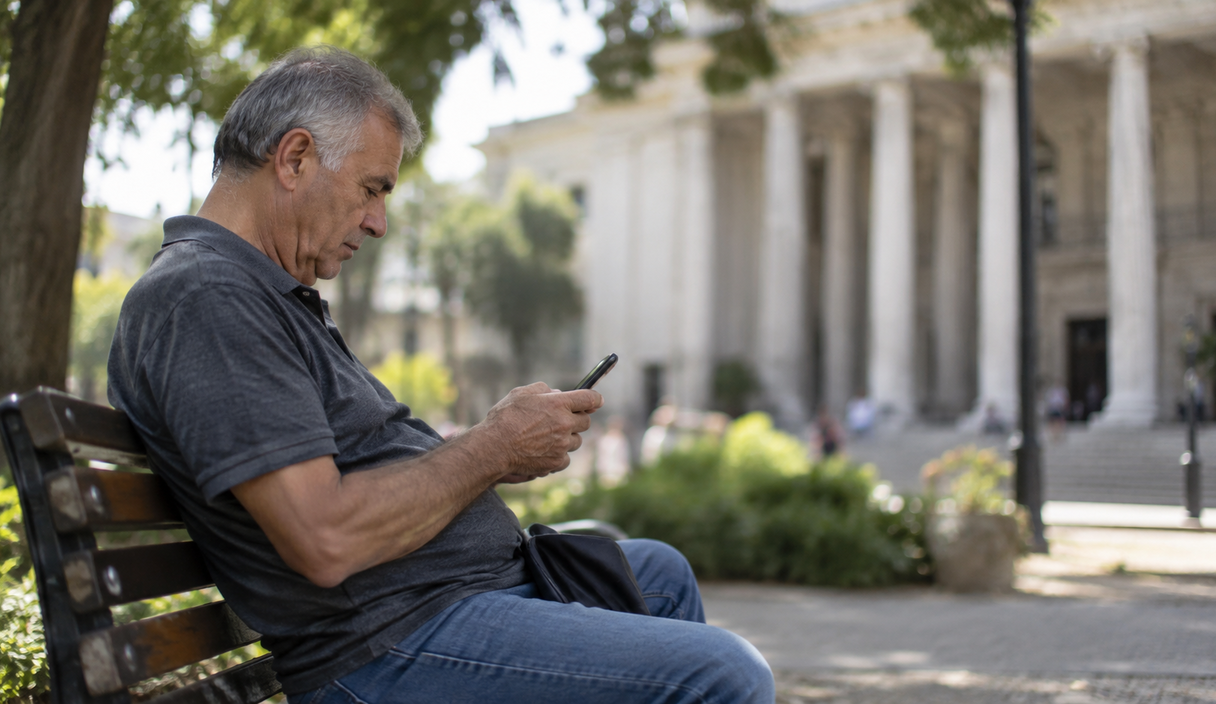 Homem lê uma mensagem no celular sentado em um banco de praça