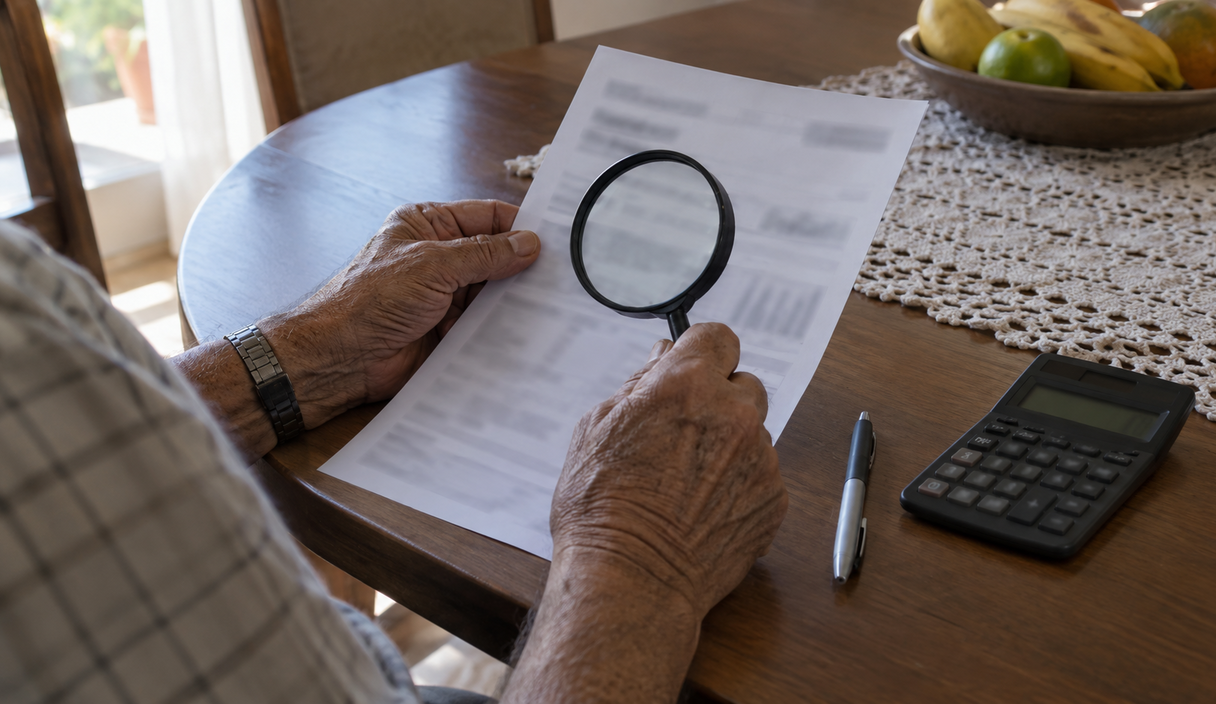Aposentado confere um extrato de papel com uma lupa e uma calculadora