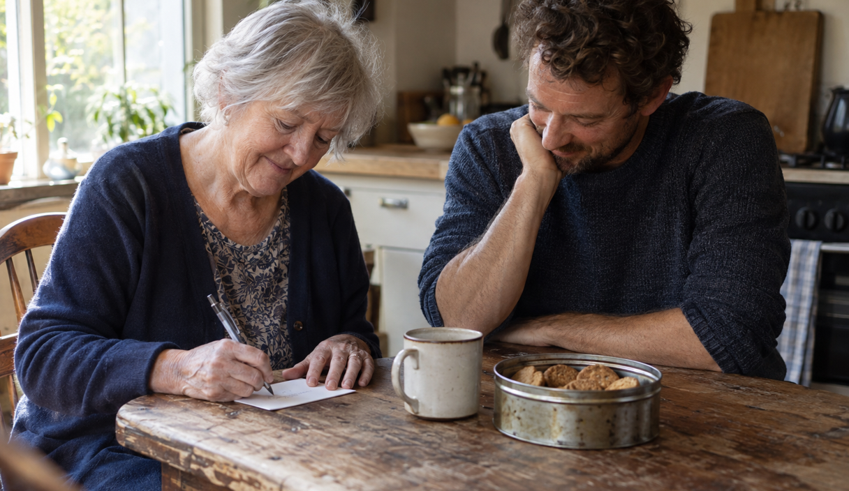 Une mère âgée et son fils adulte assis à la table de la cuisine, elle écrit un seul mot sur une petite fiche