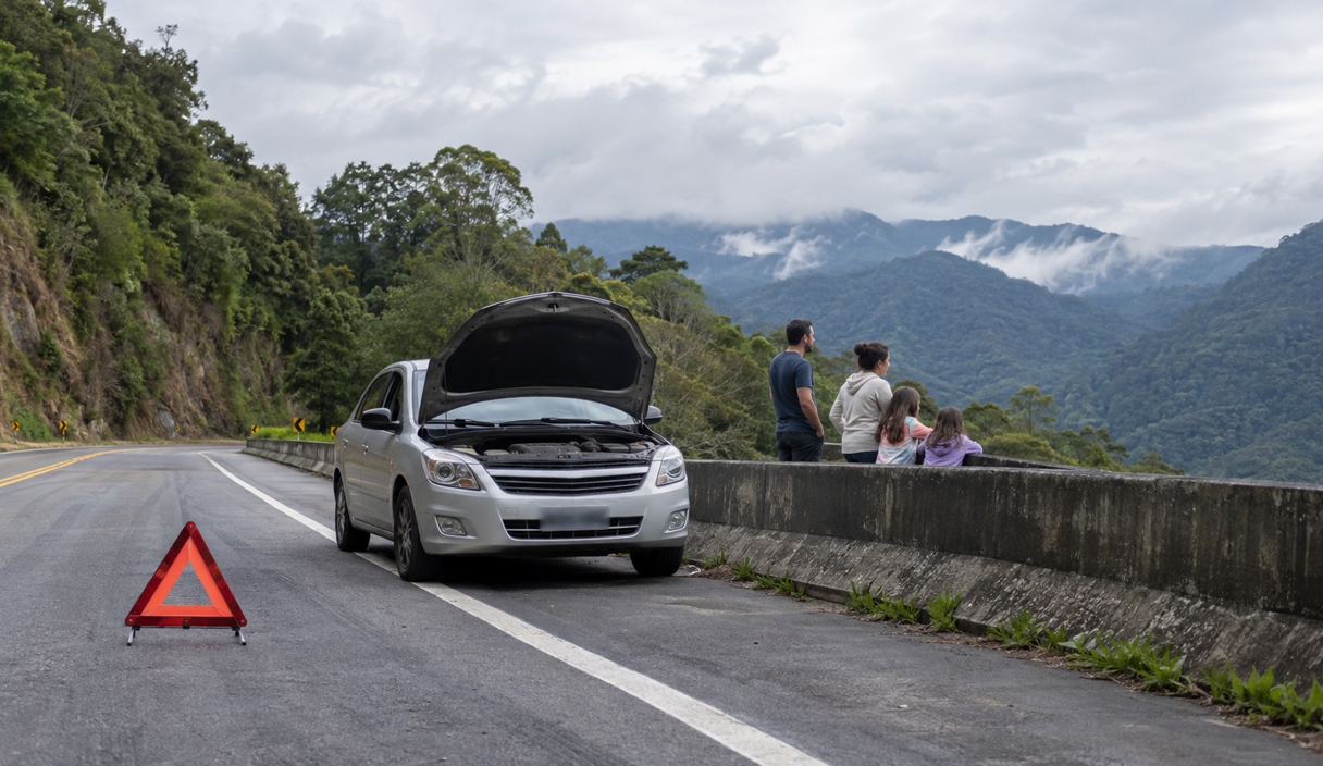 Vista de cima de uma mesa com celular, cartão, envelope, caixa de entrega e chaves Aposentada recebe ligação da Carro quebra na estrada a 300 km de casa, a família chama o guincho do seguro e descobre que a assistência só pagava os primeiros 200 km