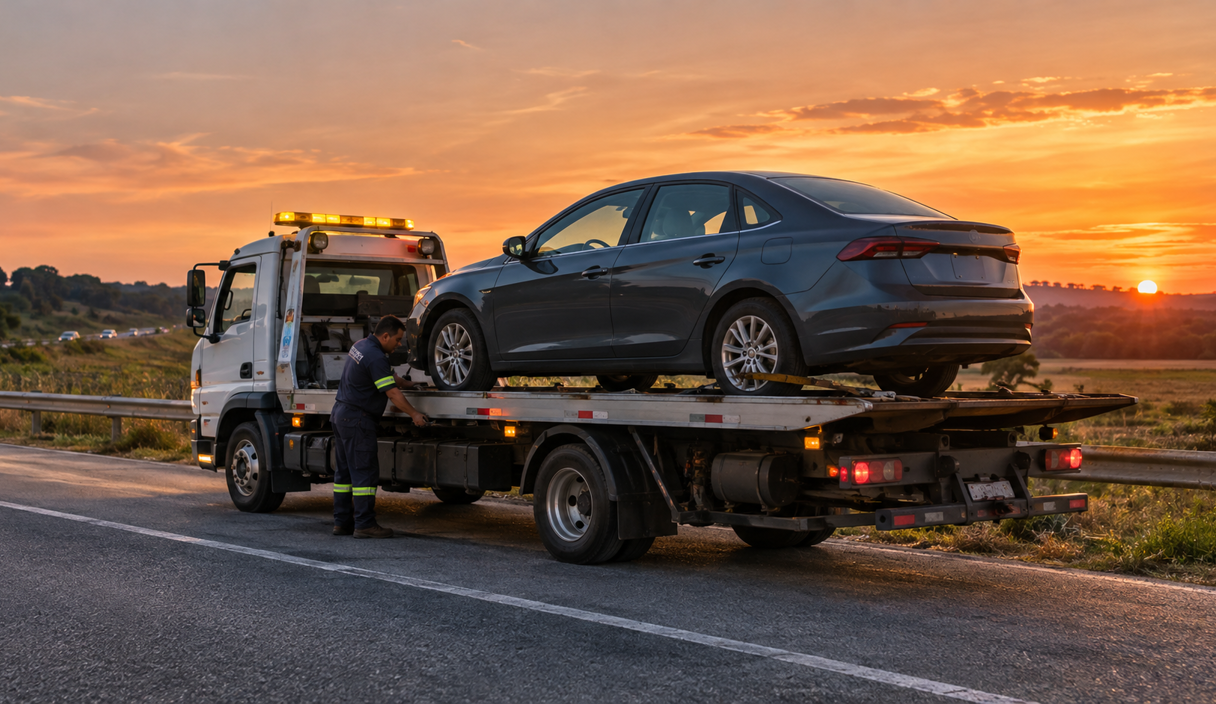 Caminhão guincho plataforma carregando um carro sedã no acostamento de uma rodovia no fim da tarde, com luzes amarelas piscando e o motorista operando a alavanca