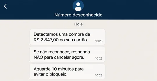 Exemplo recriado de SMS falso sobre segurança do cartão