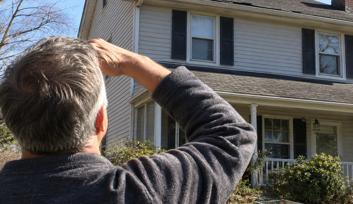 Seen from behind, a homeowner on his lawn looking up at lifted shingles on his roof